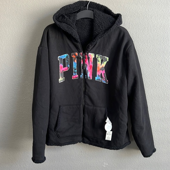 Victoria’s Pink tie dye reversible double sized fullzip Sherpa hoodie jacket - Picture 1 of 4